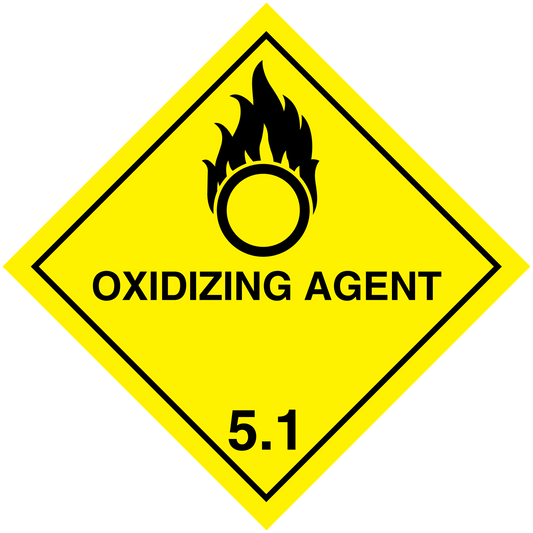Hazardous oxidizing agent warning sign sticker, yellow diamond with flame icon and 5.1 label.