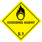 Hazardous oxidizing agent warning sign sticker, yellow diamond with flame icon and 5.1 label.