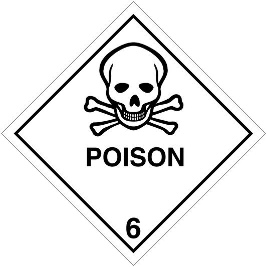 Poison hazard sign sticker, white diamond with skull and crossbones and POISON text