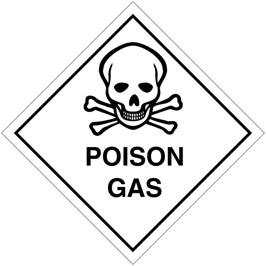 Poison gas warning sign sticker with skull and crossbones in white diamond