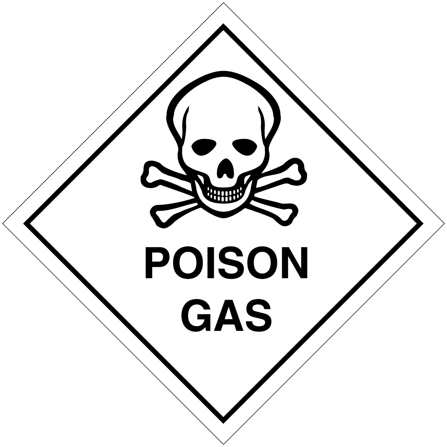 Poison gas warning sign sticker with skull and crossbones in white diamond