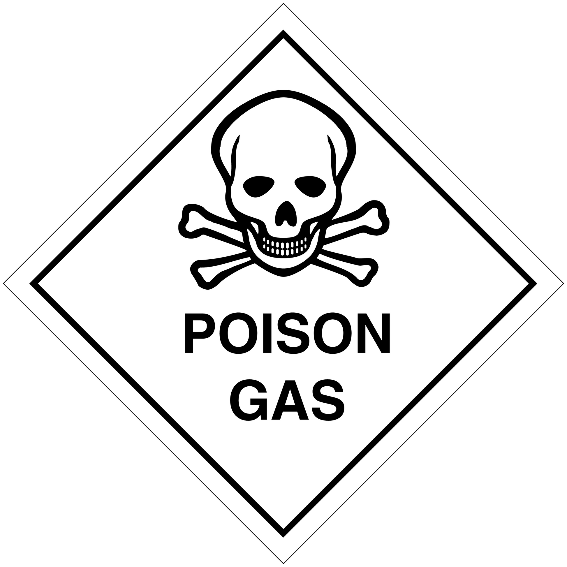 Poison gas warning sign sticker with skull and crossbones in white diamond