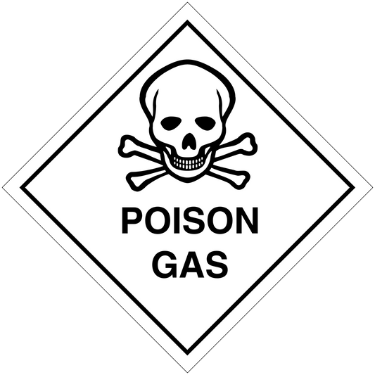 Poison gas warning sign sticker with skull and crossbones in white diamond