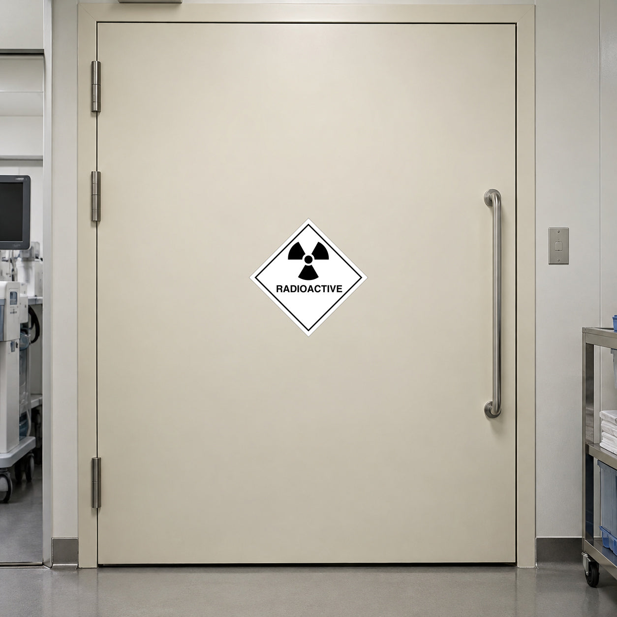 Hazardous sign sticker with radioactive symbol and RADIOACTIVE text on a door