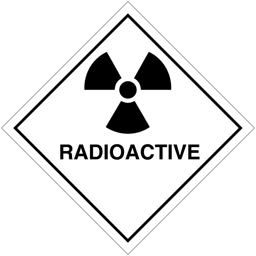 Hazardous safety sign sticker, radioactive warning diamond with radiation symbol and text