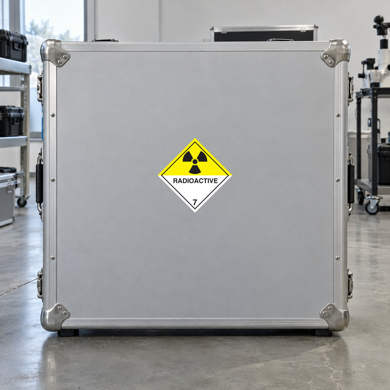 Yellow radioactive hazard sign sticker with trefoil symbol and 'RADIOACTIVE' text