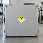 Yellow radioactive hazard sign sticker with trefoil symbol and 'RADIOACTIVE' text