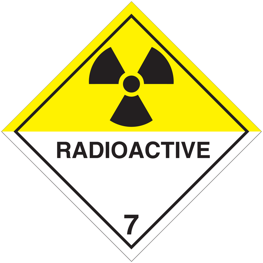 Radioactive hazard sign sticker, yellow trefoil and 'RADIOACTIVE' text on diamond
