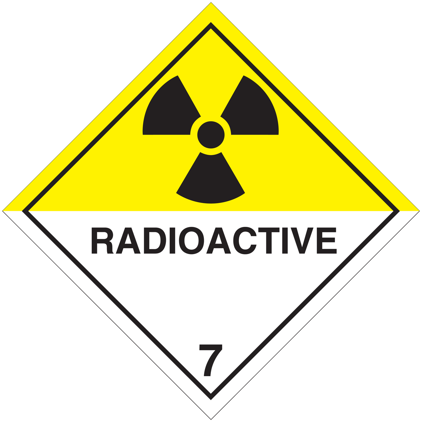 Radioactive hazard sign sticker, yellow trefoil and 'RADIOACTIVE' text on diamond