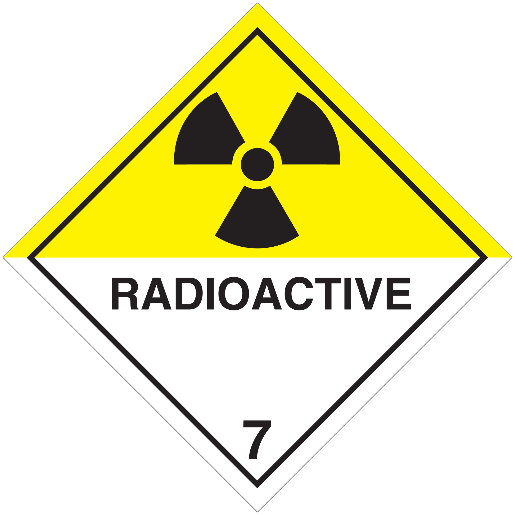Radioactive hazard sign sticker, yellow trefoil and 'RADIOACTIVE' text on diamond