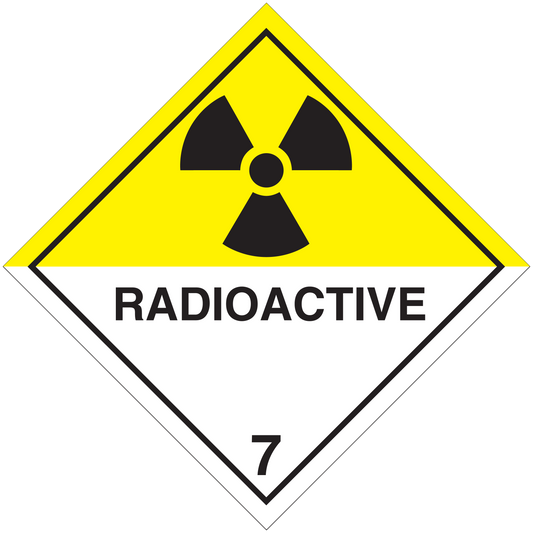 Radioactive hazard sign sticker, yellow trefoil and 'RADIOACTIVE' text on diamond
