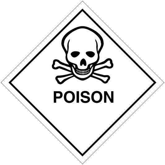 Hazard warning sticker with skull and crossbones and 'POISON' text