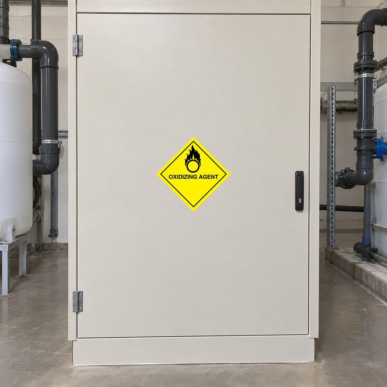 Warning sign sticker: yellow diamond 'OXIDIZING AGENT' flame symbol