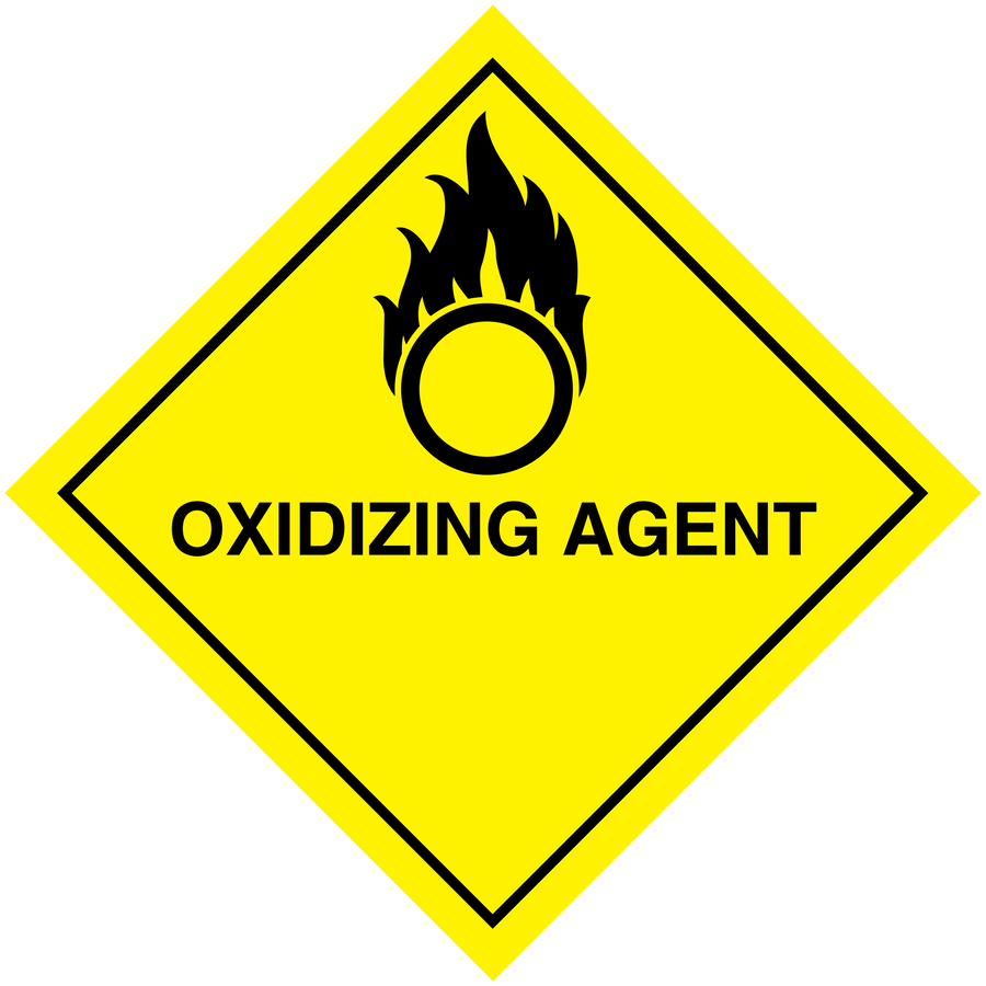Yellow hazard sign sticker: black flame-in-circle icon and 'OXIDIZING AGENT' text