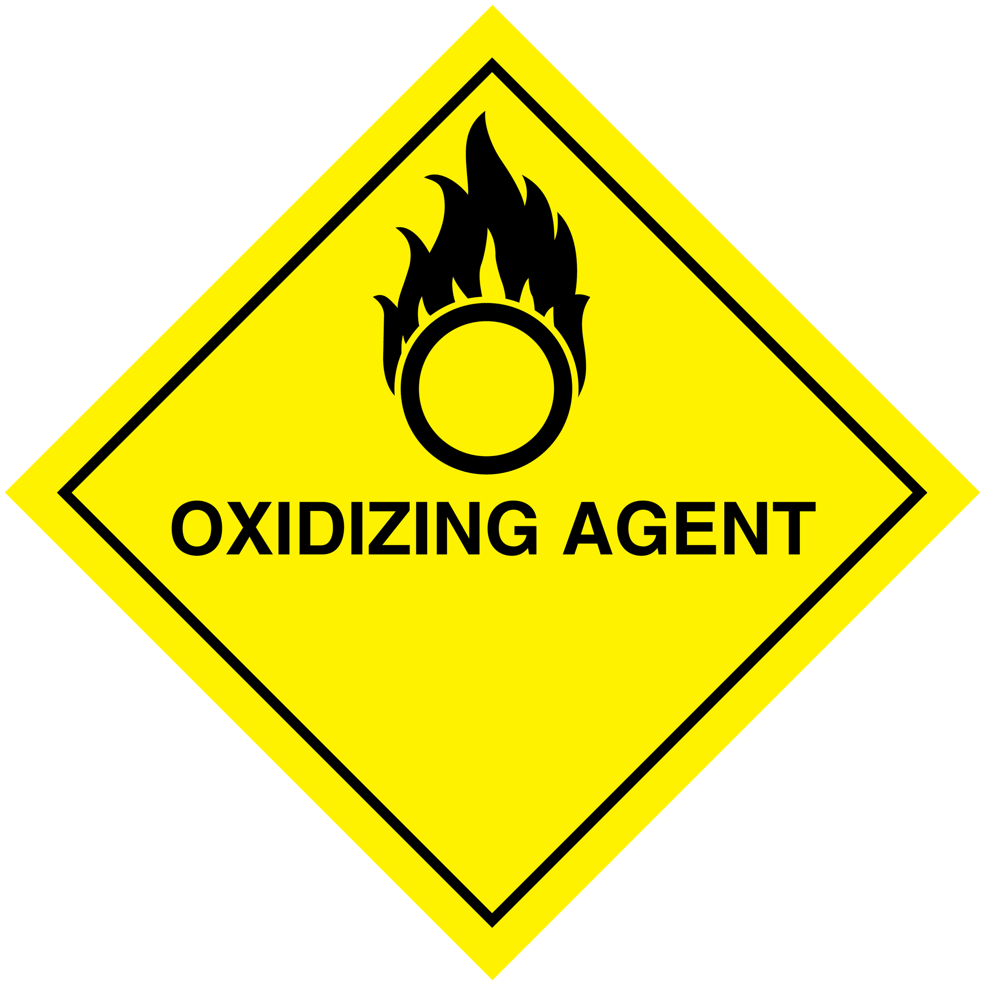 Yellow hazard sign sticker: black flame-in-circle icon and 'OXIDIZING AGENT' text