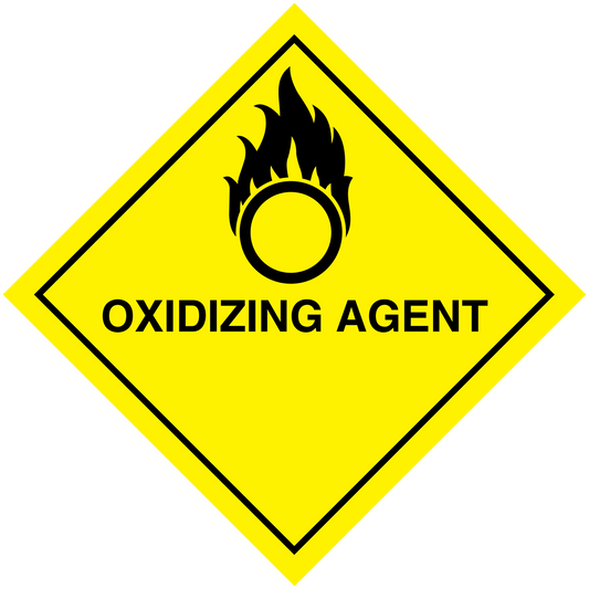 Yellow hazard sign sticker: black flame-in-circle icon and 'OXIDIZING AGENT' text