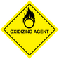 Yellow hazard sign sticker: black flame-in-circle icon and 'OXIDIZING AGENT' text