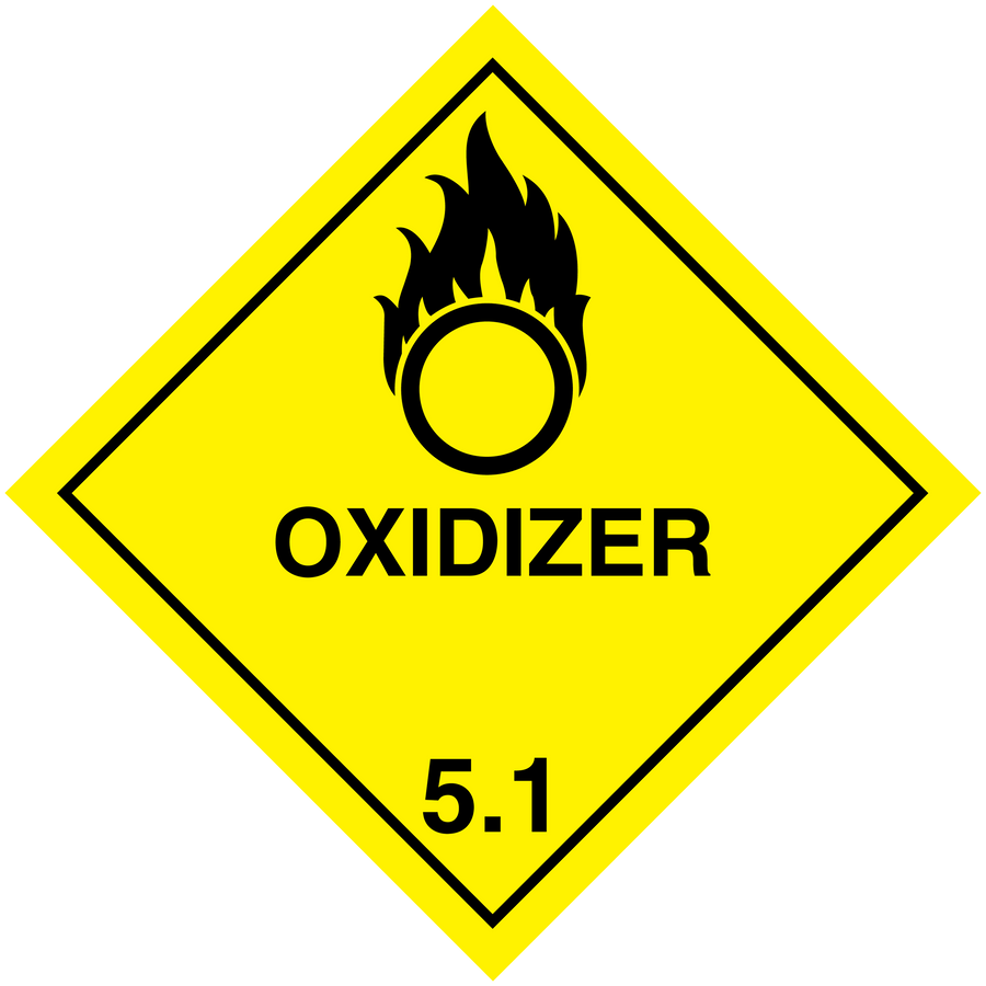 Oxidizer hazard sign sticker, yellow diamond with flame icon and text “OXIDIZER 5.1”