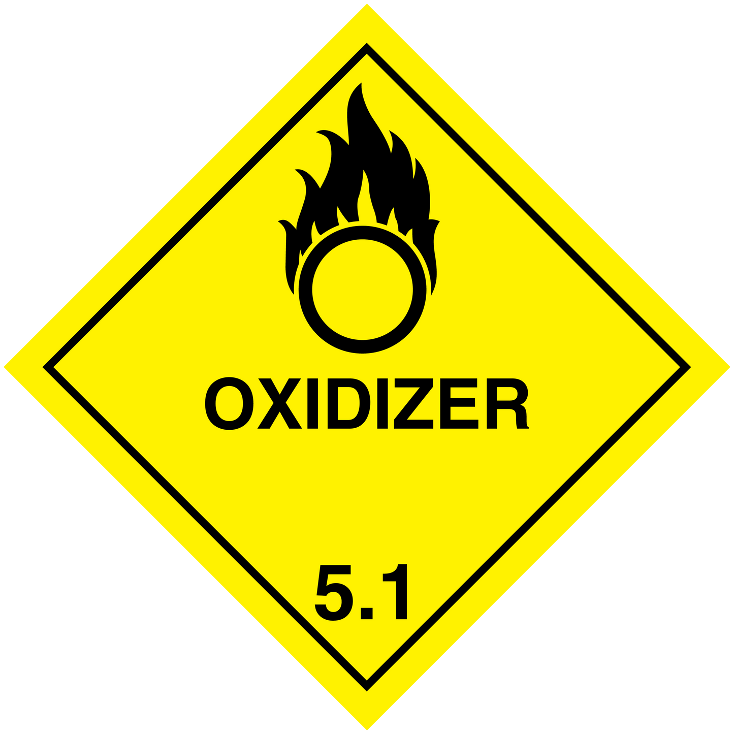 Oxidizer hazard sign sticker, yellow diamond with flame icon and text “OXIDIZER 5.1”
