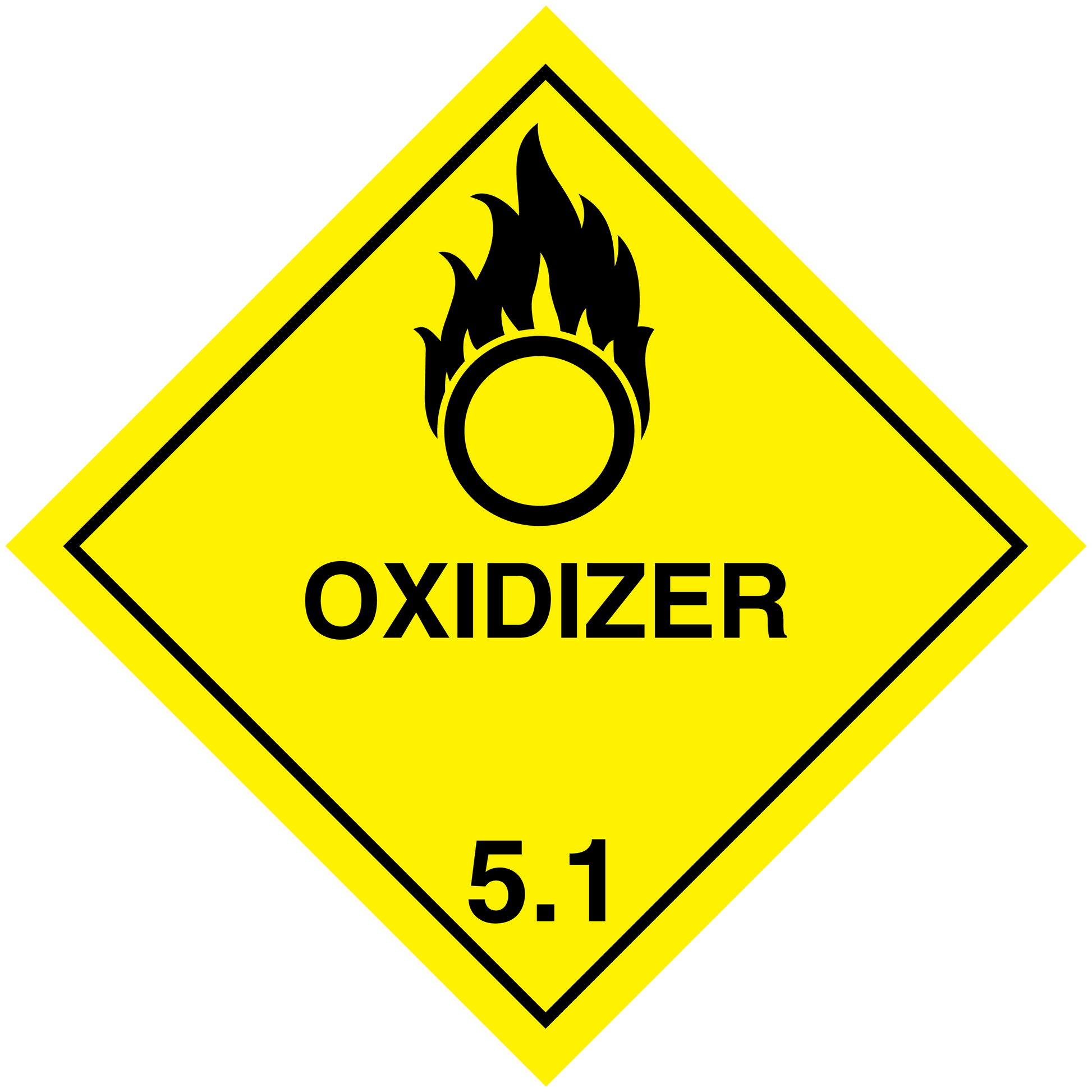 Oxidizer hazard sign sticker, yellow diamond with flame icon and text “OXIDIZER 5.1”