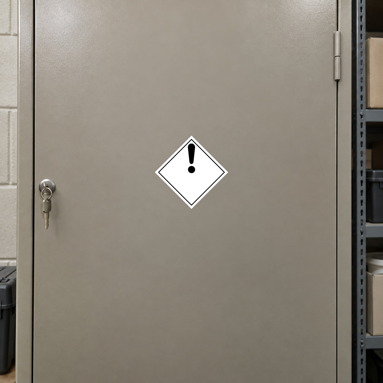 Hazard warning sign sticker, white diamond with black exclamation mark