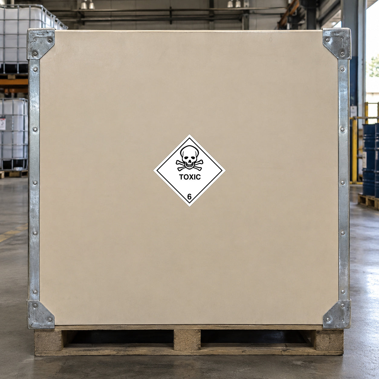 Hazardous Safety Sign Sticker applied in a chemical dispatch warehouse, flat beige rigid shipping box front, metal corners and pallet visible at edges