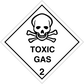 Toxic gas hazard sign sticker with skull and crossbones, warning text and hazard number 2