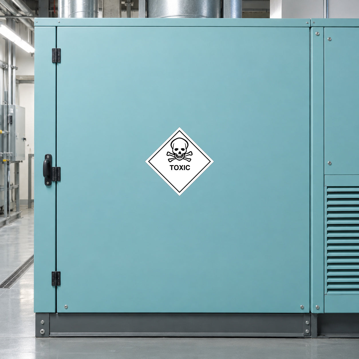 Toxic hazard safety sign sticker with skull icon on teal panel