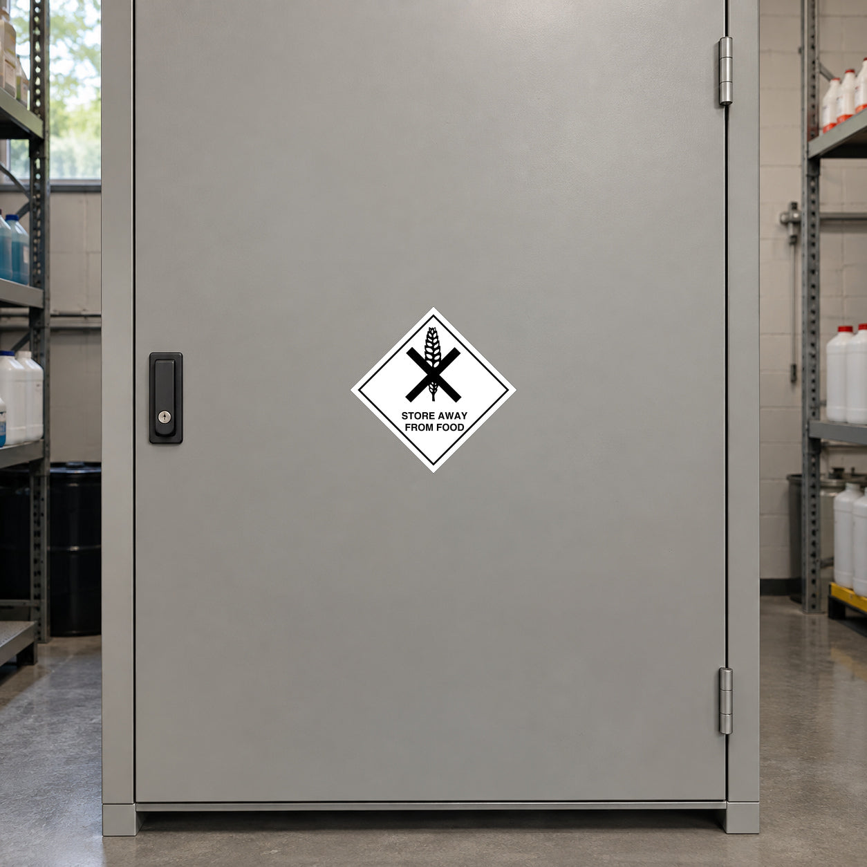 Hazard warning safety sign sticker with diamond icon, Store away from food text