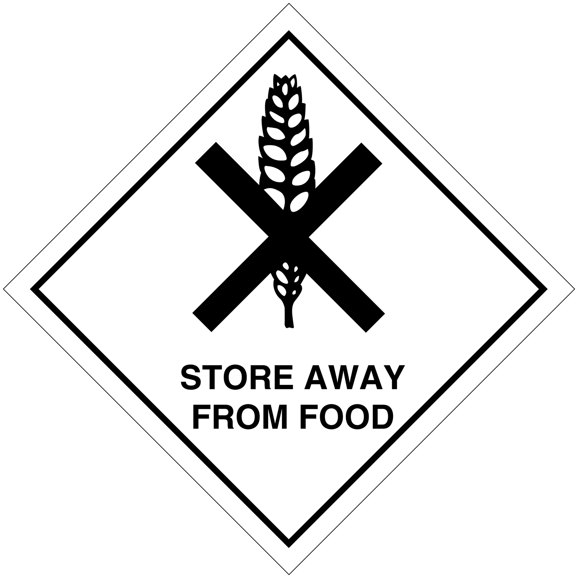 Hazardous safety sign sticker: black crossed grain with “STORE AWAY FROM FOOD”