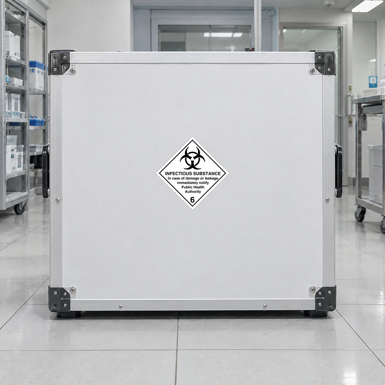 Hazardous safety sign sticker with biohazard icon and “Infectious substance” text