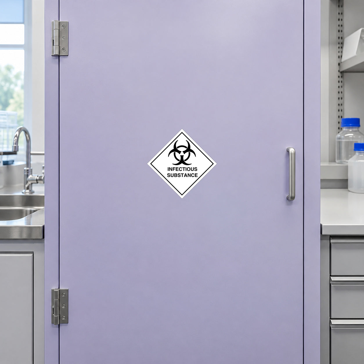Infectious substance safety sign sticker with black biohazard symbol on white diamond