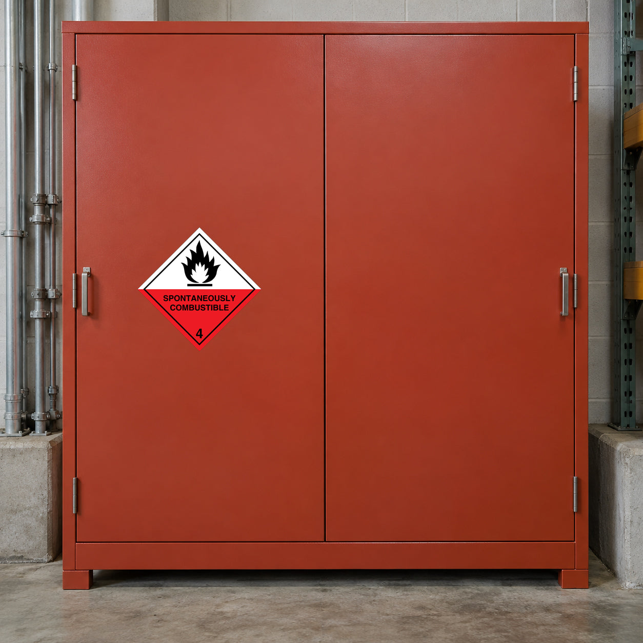 Hazard safety sign sticker with flame symbol and warning text on diamond shape