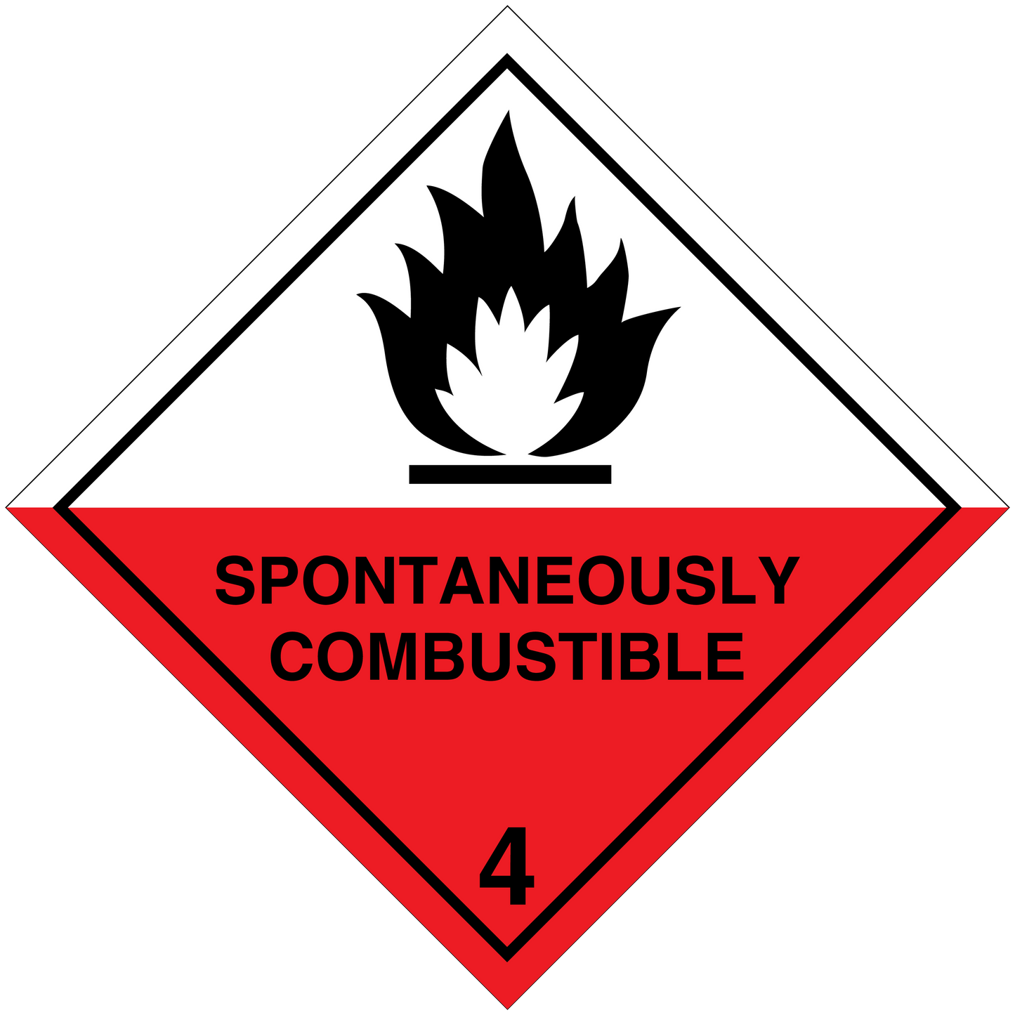 Hazard warning sign sticker: red diamond flame icon, “SPONTANEOUSLY COMBUSTIBLE” and “4”