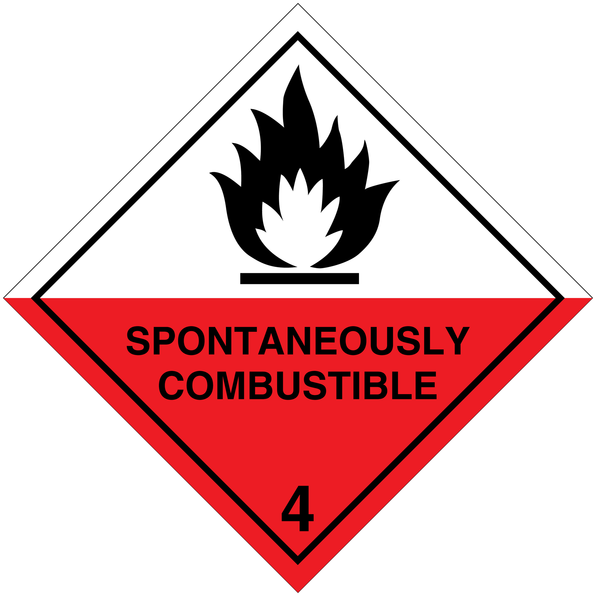 Hazard warning sign sticker: red diamond flame icon, “SPONTANEOUSLY COMBUSTIBLE” and “4”