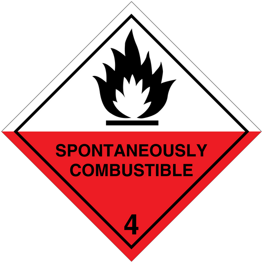 Hazard warning sign sticker: red diamond flame icon, “SPONTANEOUSLY COMBUSTIBLE” and “4”