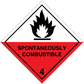 Hazard warning sign sticker: red diamond flame icon, “SPONTANEOUSLY COMBUSTIBLE” and “4”
