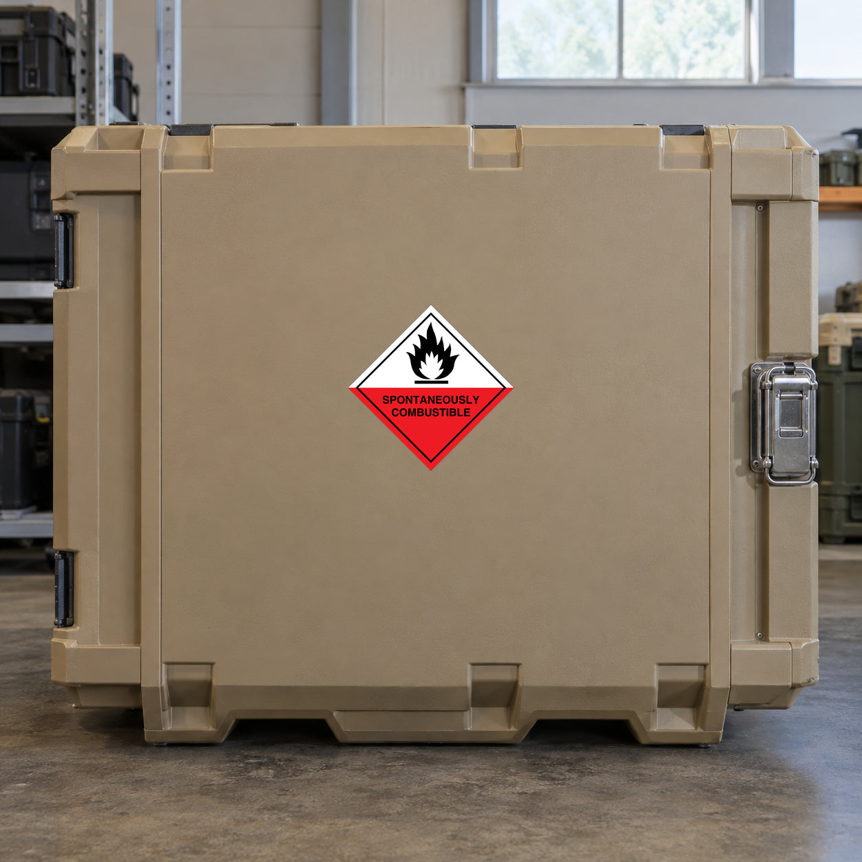 Hazardous safety sign sticker: red flame diamond reading Spontaneously Combustible