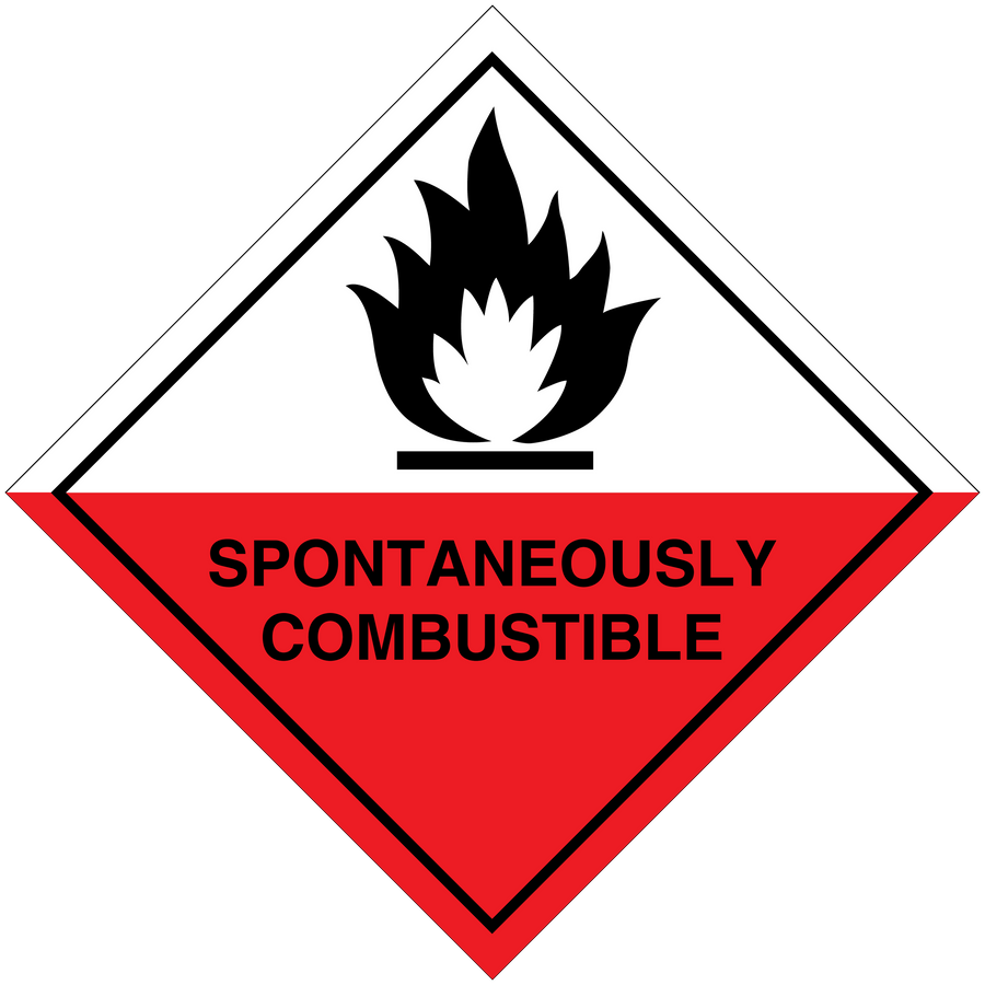 Hazard warning sign sticker, red diamond with flame icon and 'SPONTANEOUSLY COMBUSTIBLE'