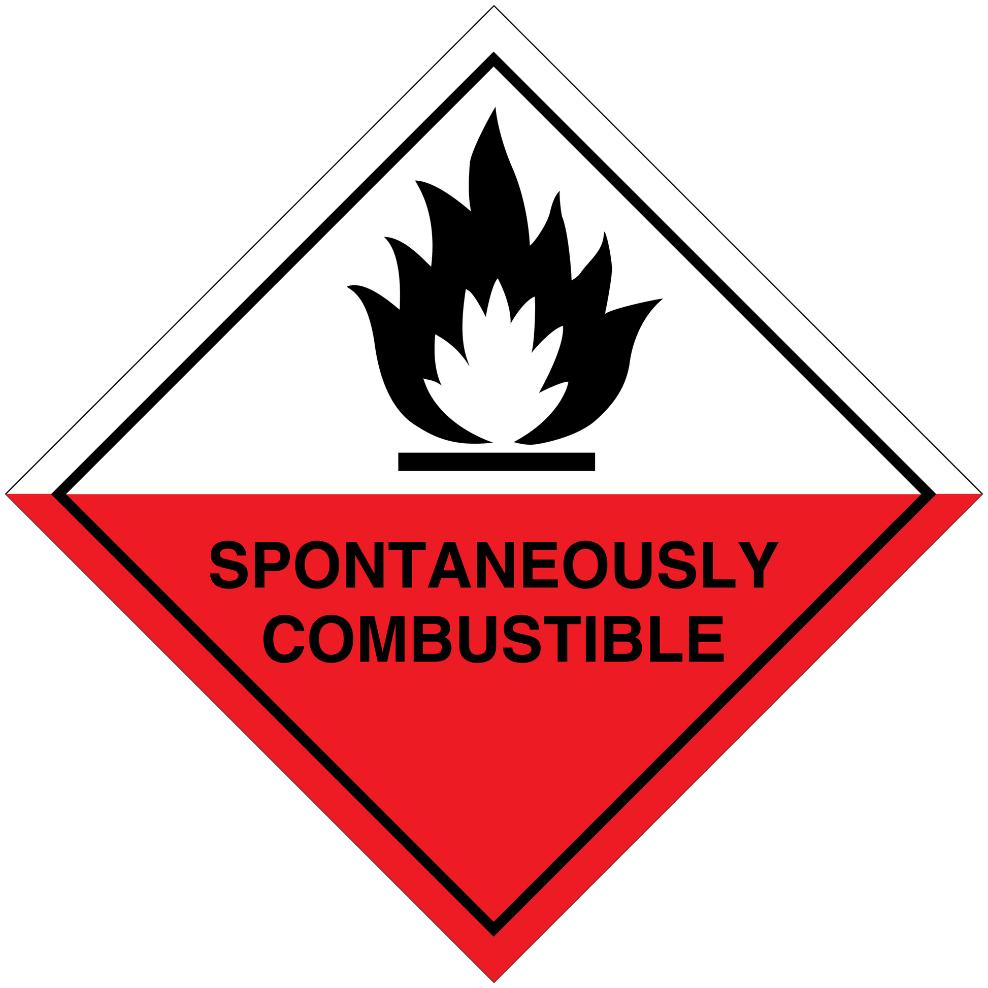 Hazard warning sign sticker, red diamond with flame icon and 'SPONTANEOUSLY COMBUSTIBLE'