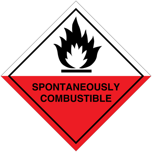 Hazard warning sign sticker, red diamond with flame icon and 'SPONTANEOUSLY COMBUSTIBLE'