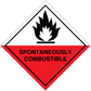 Hazard warning sign sticker, red diamond with flame icon and 'SPONTANEOUSLY COMBUSTIBLE'