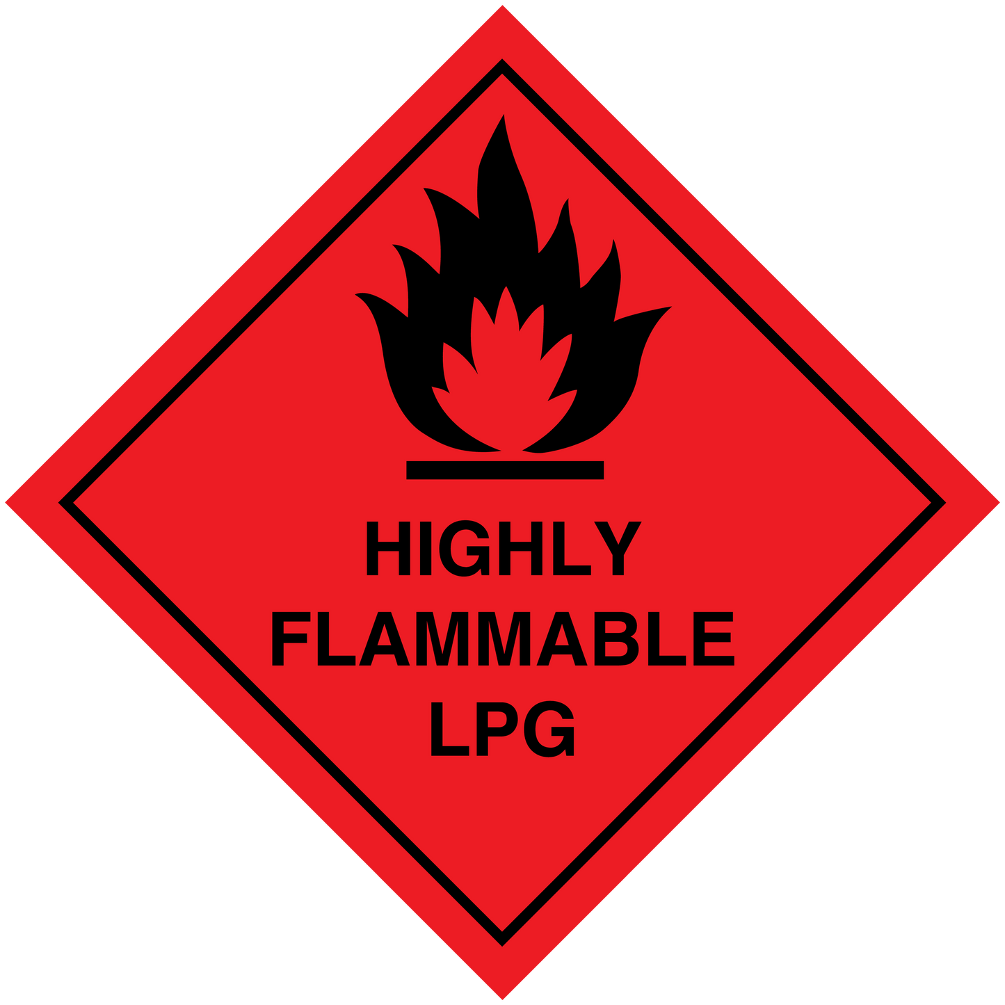 Highly flammable LPG hazard sticker with flame icon and red diamond warning