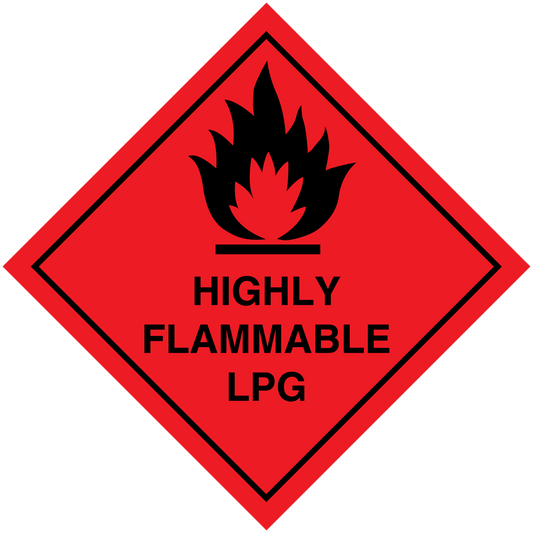 Highly flammable LPG hazard sticker with flame icon and red diamond warning