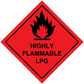 Highly flammable LPG hazard sticker with flame icon and red diamond warning