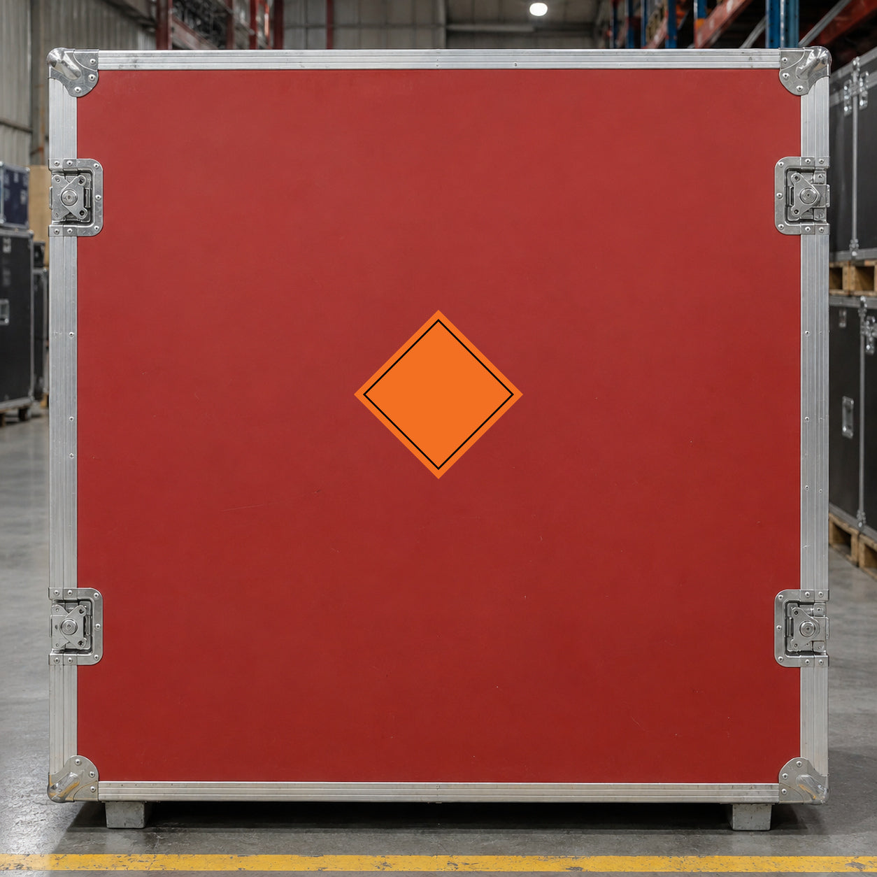 Hazardous Safety Sign Sticker applied in a secure materials dispatch warehouse, flat muted red rigid freight case front with narrow aluminum corner rails, yellow floor stripe only along bottom edge