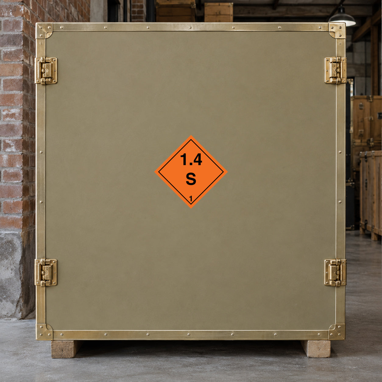 Hazard warning sign sticker with orange diamond and 1.4 S label
