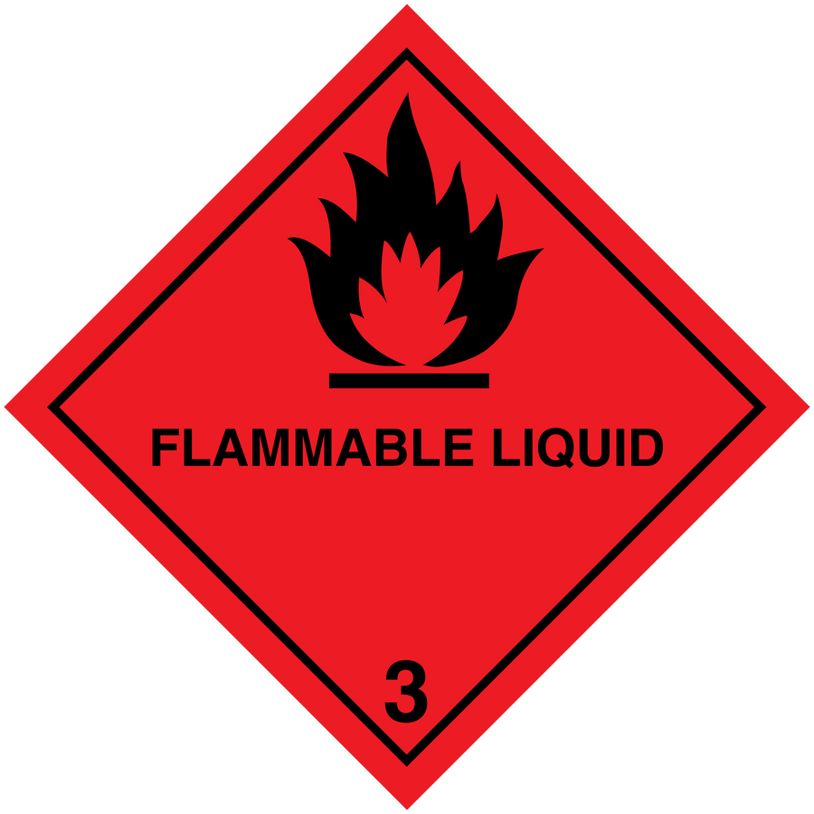 Flammable liquid hazard sign sticker, red diamond with flame icon and class 3 label
