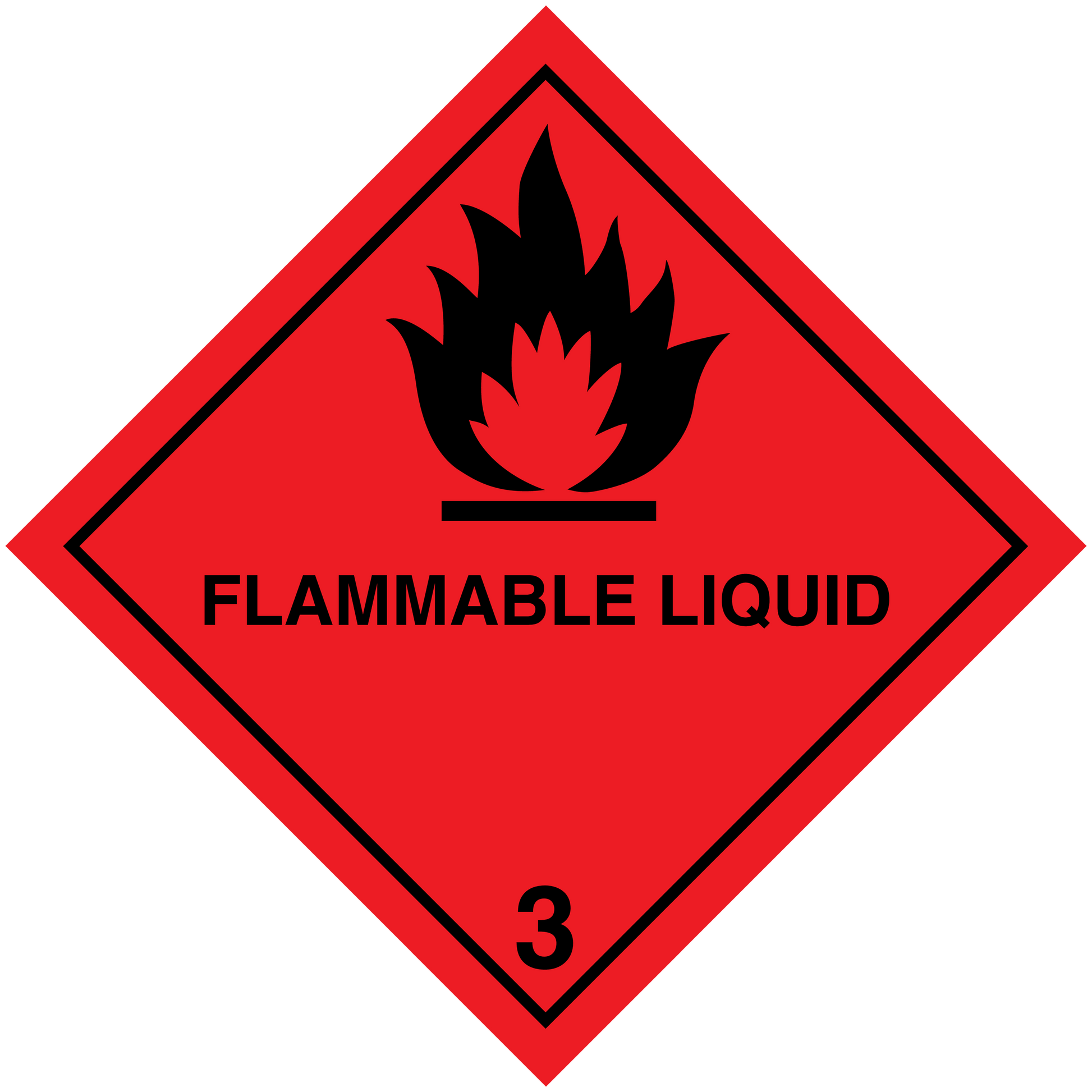 Flammable liquid hazard sign sticker, red diamond with flame icon and class 3 label