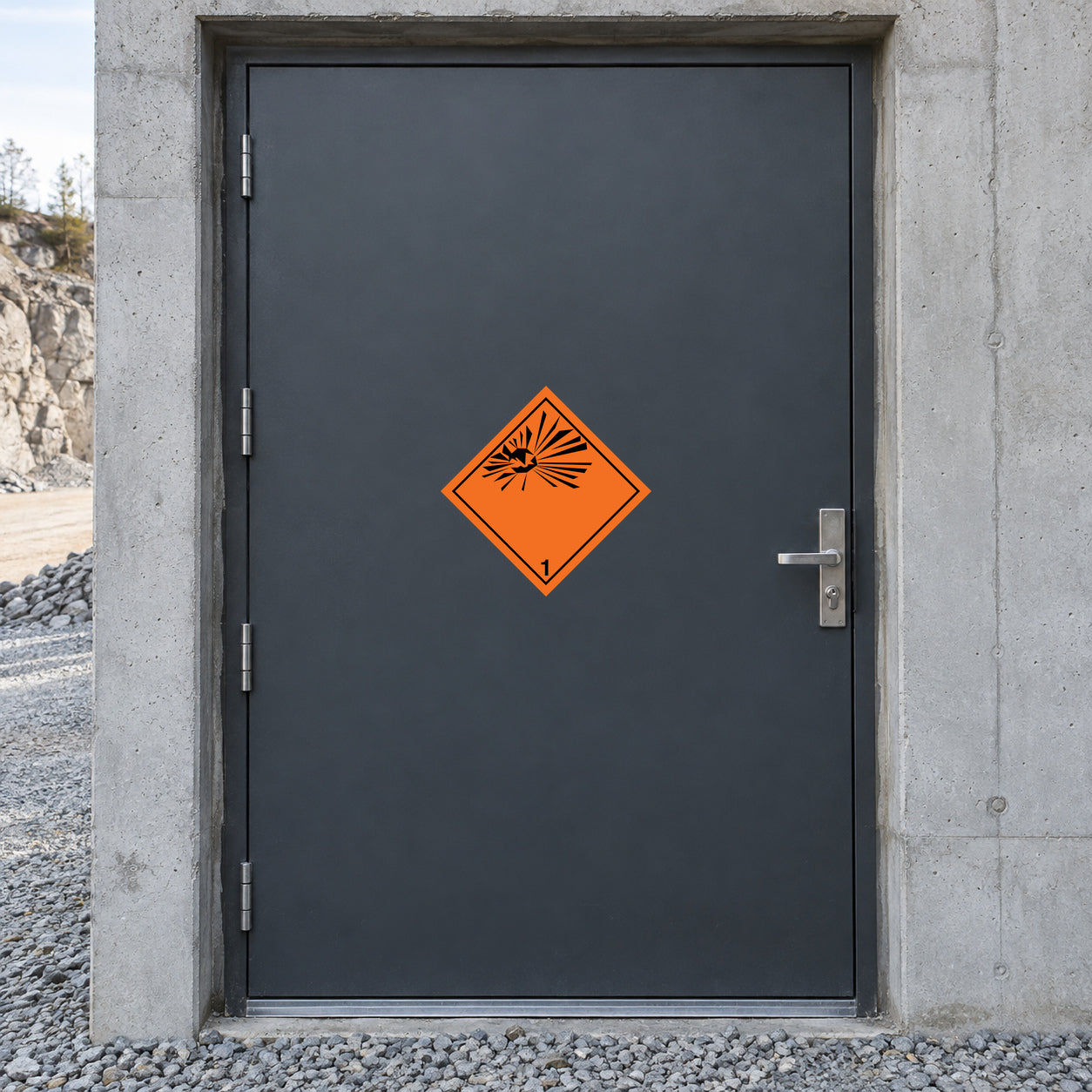 Hazardous safety sign sticker with orange radiation warning symbol